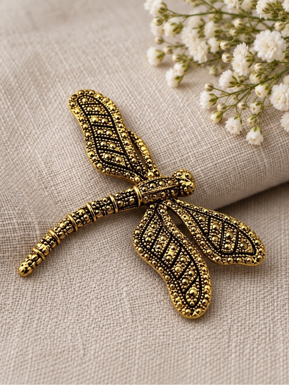 Vintage Gold-Tone Textured Dragonfly Brooch